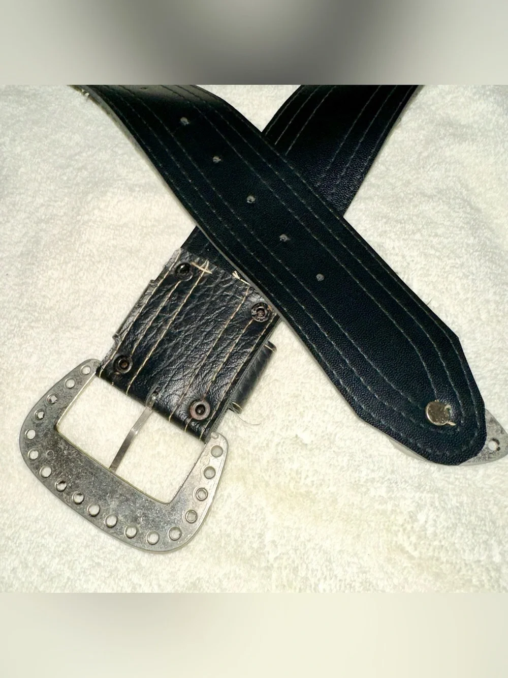 Vintage Western Belt Black Faux Leather Floral Silver Buckle Set Size 40